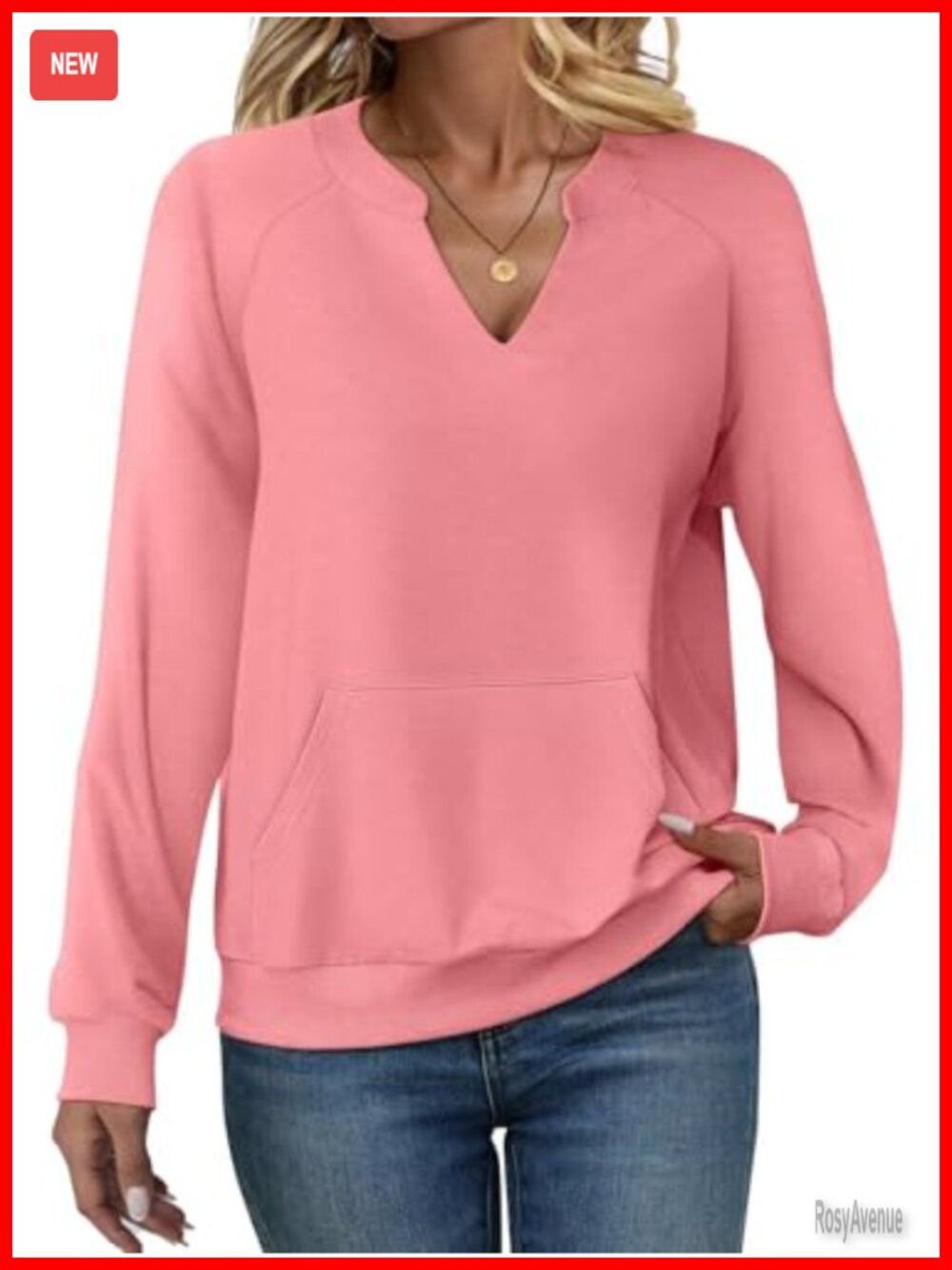 V Neck Sweatshirt with Pockets Fleece Long Sleeve Pullover